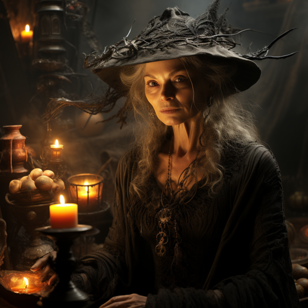 Hexe mit sitzt in Zimmer mit Kerzen