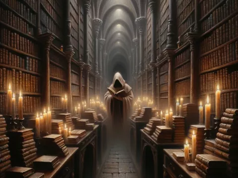 Gespenst liest ein Buch in einer Bibliothek